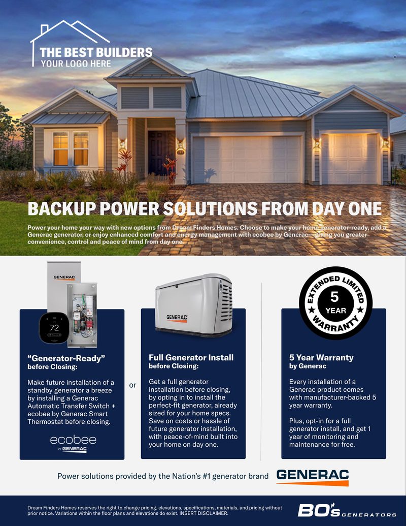 Flyer: Backup power solutions from day one, showing generator-ready, full install and 5-year warranty options